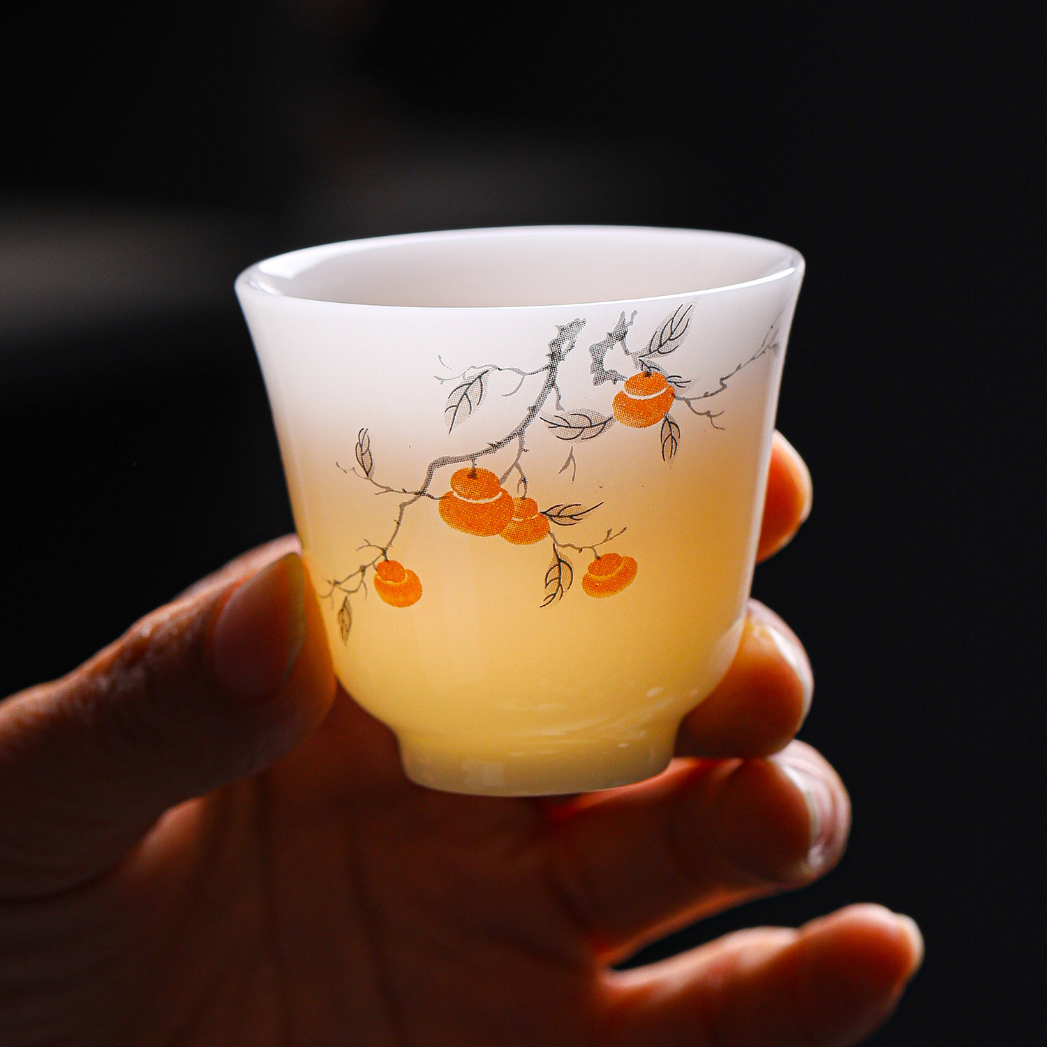 高档正品璞玉冰种玉瓷茶杯柿柿如意陶瓷小杯子薄胎品茗杯白瓷茶具