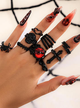 欧美跨境暗黑朋克复古关节戒套装指环 嘻哈雕花蝙蝠情侣戒指饰品