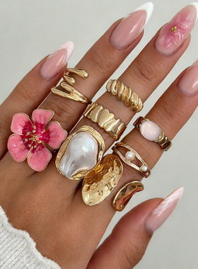 欧美跨境田园粉色花朵开口关节戒