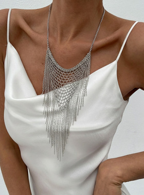 欧美跨境重工金属网状流苏项链夸