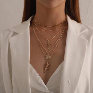 欧美跨境饰品 时尚十字架女王头像吊坠项链女 气质多层玫瑰花项饰