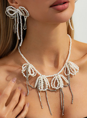 欧美跨境法式复古满钻流苏蝴蝶结