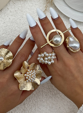欧美跨境ins夸张金属花朵仿珍珠戒指 百搭叠戴巴洛克开口指环手饰