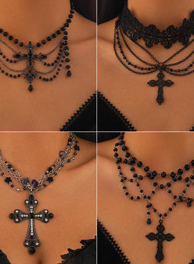 欧美跨境哥特风暗黑十字架项链女