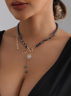 欧美跨境饰品黑金太阳花流苏项链 ins风扁平金属片颈链俄罗斯热卖