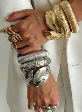 欧美bracelet跨境夸张叶子光面手镯 个性不规则条纹开口手环饰品