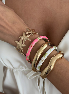 欧美跨境田园彩色滴油花朵开口手