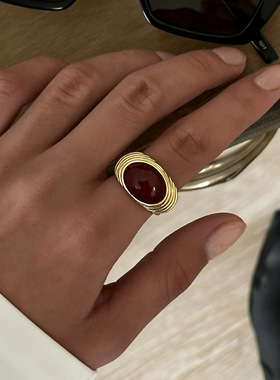 欧美跨境复古法式红宝石开口戒指