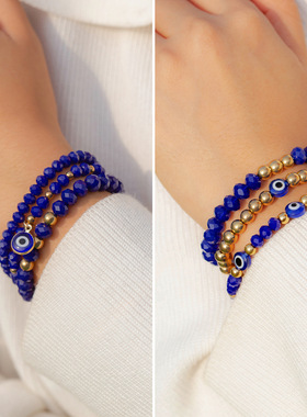 欧美跨境饰品 复古土耳其蓝色眼睛串珠手链 民族简约叠戴套装手链