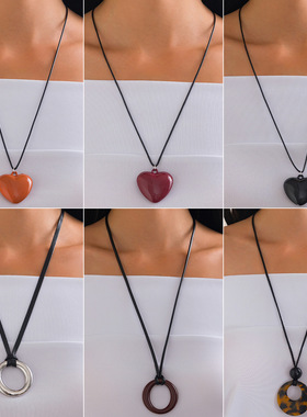 欧美跨境甜酷辣妹风豹纹圆环吊坠项链 个性长款爱心形系带毛衣链