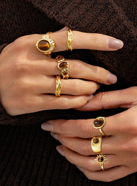 欧美跨境复古小众虎眼石开口戒指