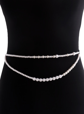 欧美跨境饰品 时尚双层仿珍珠金属风腰带腰链辣妹waist chain