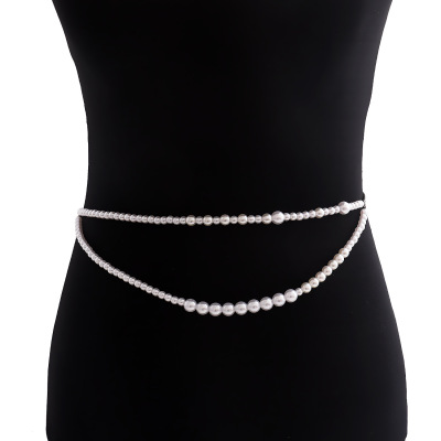 欧美跨境饰品 时尚双层仿珍珠金属风腰带腰链辣妹waist chain