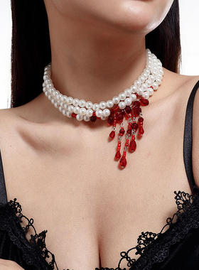 欧美万圣节滴血流苏珍珠水晶项链潮款甜酷小众街头爱心多层锁骨链