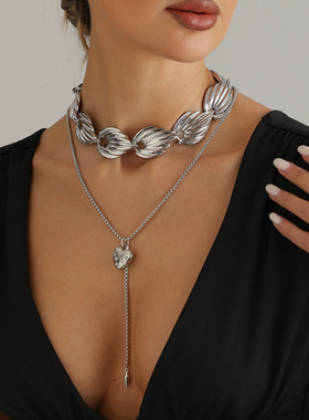 欧美跨境饰品纹理树叶镶钻爱心项