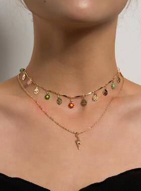 欧美跨境饰品 时尚多层创意合金闪电吊坠 骷髅金属片滴釉雏菊项链