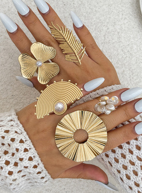 欧美跨境度假Rings开口关节戒 设计感花朵指环褶皱羽毛仿珍珠戒指