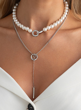 欧美跨境饰品气质双层Y字流苏珍