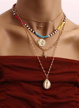 欧美跨境饰品波西米亚七彩米珠海星贝壳海螺吊坠项链女 ins风项饰