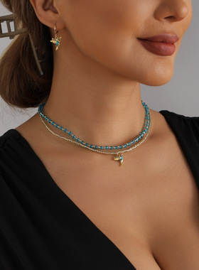 欧美跨境饰品小众百搭多层蓝水晶