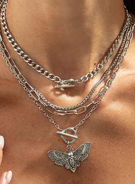 欧美跨境嘻哈多层金属链条项链简