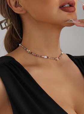 欧美跨境饰品网红同款彩水晶石爱心项链小众设计感创意颈链项饰