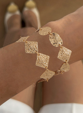 欧美Bracelet跨境复古不规则敲打纹手饰品 个性几何菱形拼接手链