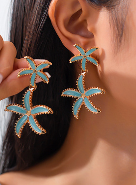 欧美跨境饰品 蓝色滴油花朵流苏耳饰 小众个性设计感五叶花耳钉女