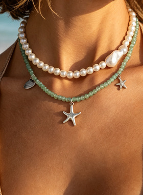 欧美跨境度假绿色串珠叠戴巴洛克