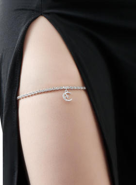 欧美脚链饰品 简约水钻链条腿链黑色弹力带月牙吊坠腿环沙滩百搭