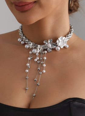 欧美跨境饰品花朵珍珠流苏项链百