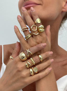 欧美跨境个性ins光面抱抱开口关节戒指 简约螺纹几何交叉指环手饰