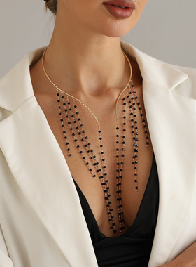 欧美跨境饰品多流苏黑珠项圈女in