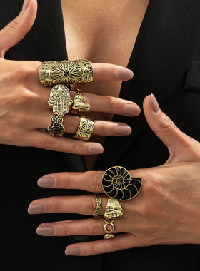 欧美跨境中古做旧吉象印花关节戒