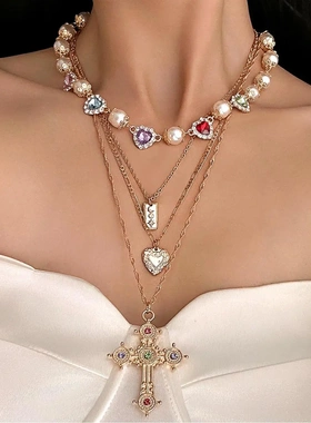 欧美跨境叠戴甜酷十字架吊坠项链