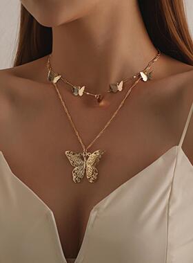 欧美跨境饰品 时尚百搭镂空蝴蝶吊坠项链女 气质流行多层手工项饰