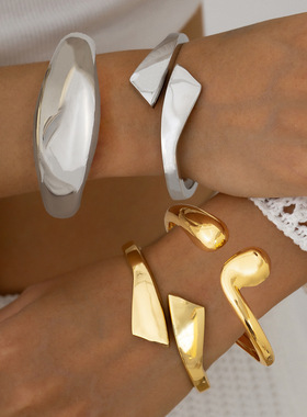 欧美个性跨境水滴金属重工开口手镯 简约抱抱交叉弹簧扣手环饰品