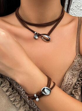 欧美跨境 民族风松石双层韩国绒锁骨链 甜酷简约项链女饰品首饰女