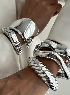 欧美跨境Bracelet简约INS不规则螺纹手饰 时尚液态光面几何手镯女