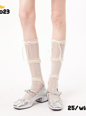 白色小腿袜女日系花边蝴蝶结可爱堆堆袜春夏薄款亚文化蕾丝长筒袜