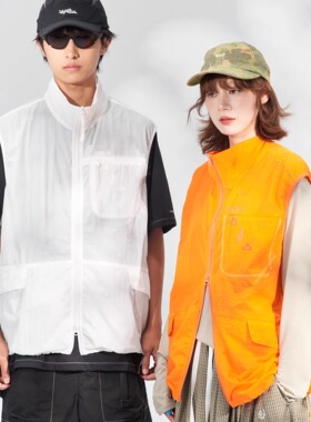 DAIKON Lab.25ss休闲轻量防水耐磨暗格纹尼龙多口袋抽绳立领马甲