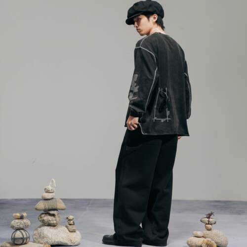 DAIKON Lab.24AW复古休闲做旧褪色种子印花可拆剪口袋宽松长袖T恤