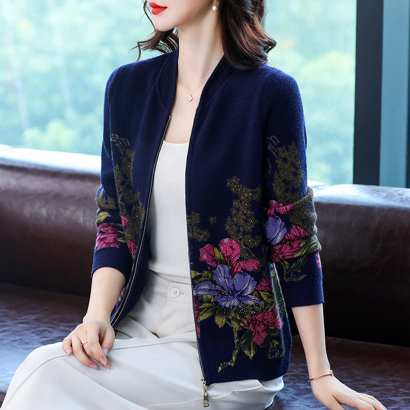 通勤风拉链印花针织开衫女长袖宽松外搭毛衣外套