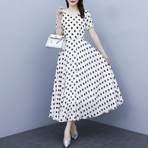 RM20451#雪纺连衣裙子女装夏季2023年新款高端黑色收腰气质法式波点中长裙