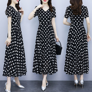 RM20451#雪纺连衣裙子女装夏季2023年新款高端黑色收腰气质法式波点中长裙