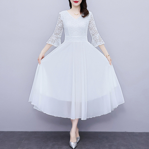 RM20455#夏季新款白色蕾丝连衣裙雪纺显瘦海边度假沙滩裙长裙到脚踝超长款