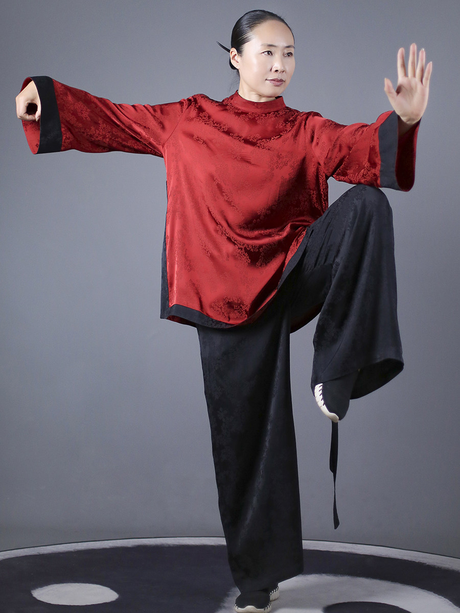 马蕾太极春秋新款柔缎提花女式红黑定制太极拳表演训练武术休闲款