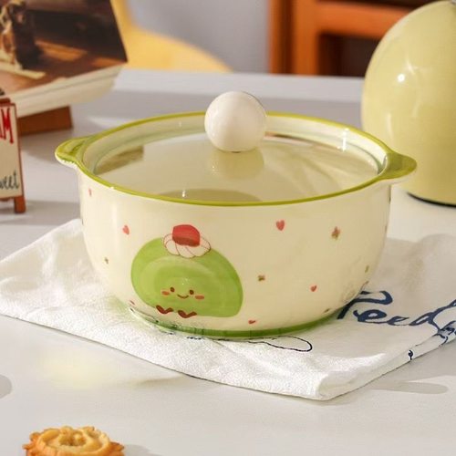 绿泡芙泡面碗带盖学生宿舍用方便面碗饭碗双耳陶瓷汤碗螺蛳粉碗