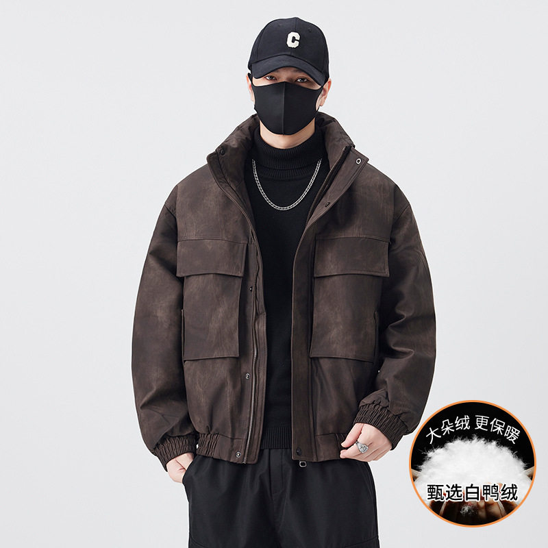 皮衣羽绒服男冬季加厚2025新款美式立领加厚保暖男冬装皮夹克外套