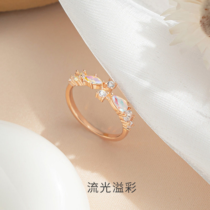 欧美ins风彩色锆石戒指女925纯银微镶月光石食指戒高级感开口指环
